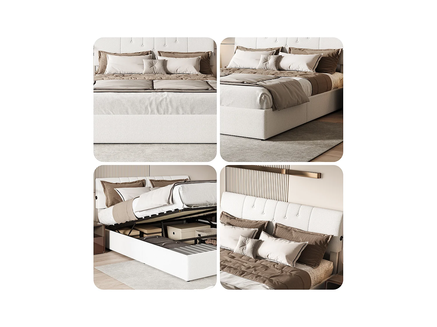 Lit coffre relevable avec tête de lit réglable, ports USB-C & USB, rangement intégré – 140×200cm – Tissu teddy blanc cassé