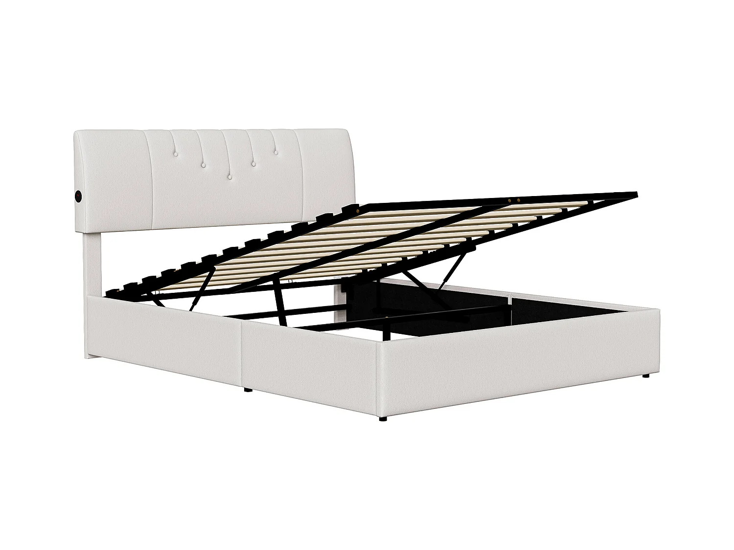 Lit coffre relevable avec tête de lit réglable, ports USB-C & USB, rangement intégré – 140×200cm – Tissu teddy blanc cassé