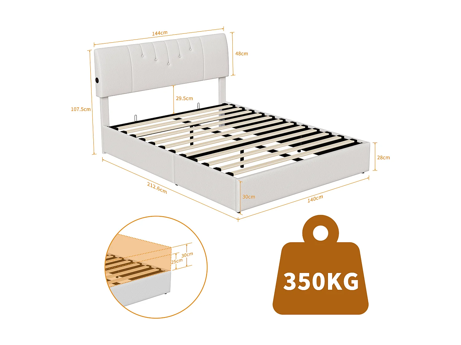 Lit coffre relevable avec tête de lit réglable, ports USB-C & USB, rangement intégré – 140×200cm – Tissu teddy blanc cassé