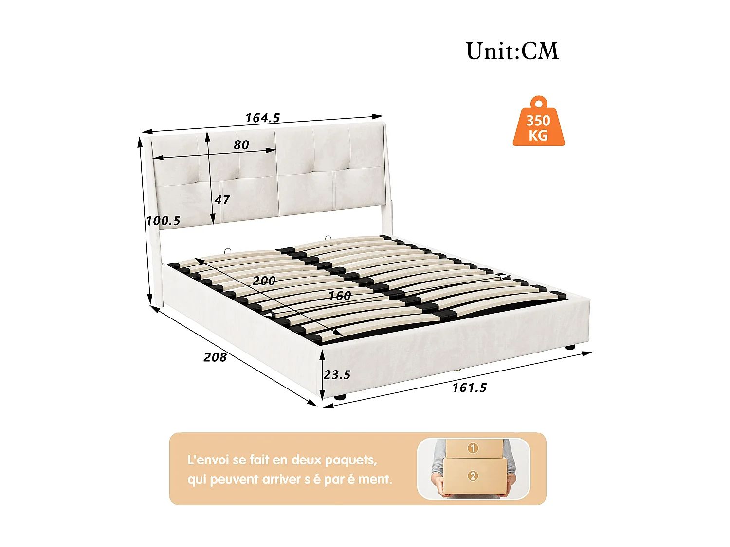 Letto matrimoniale contenitore con LED integrati e testiera in velluto con tasche laterali – 160x200 cm – Beige