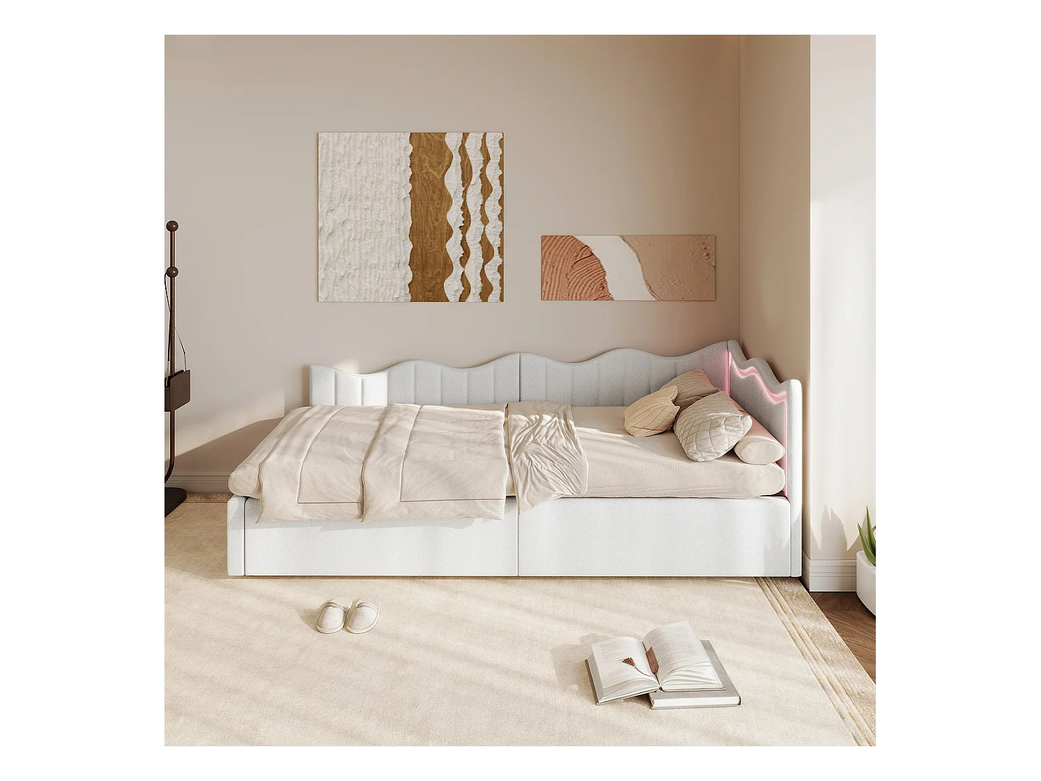 Sofá-cama infantil com caixa de arrumação e LEDs multicoloridos - 90x200 cm - Branco em tecido felpudo