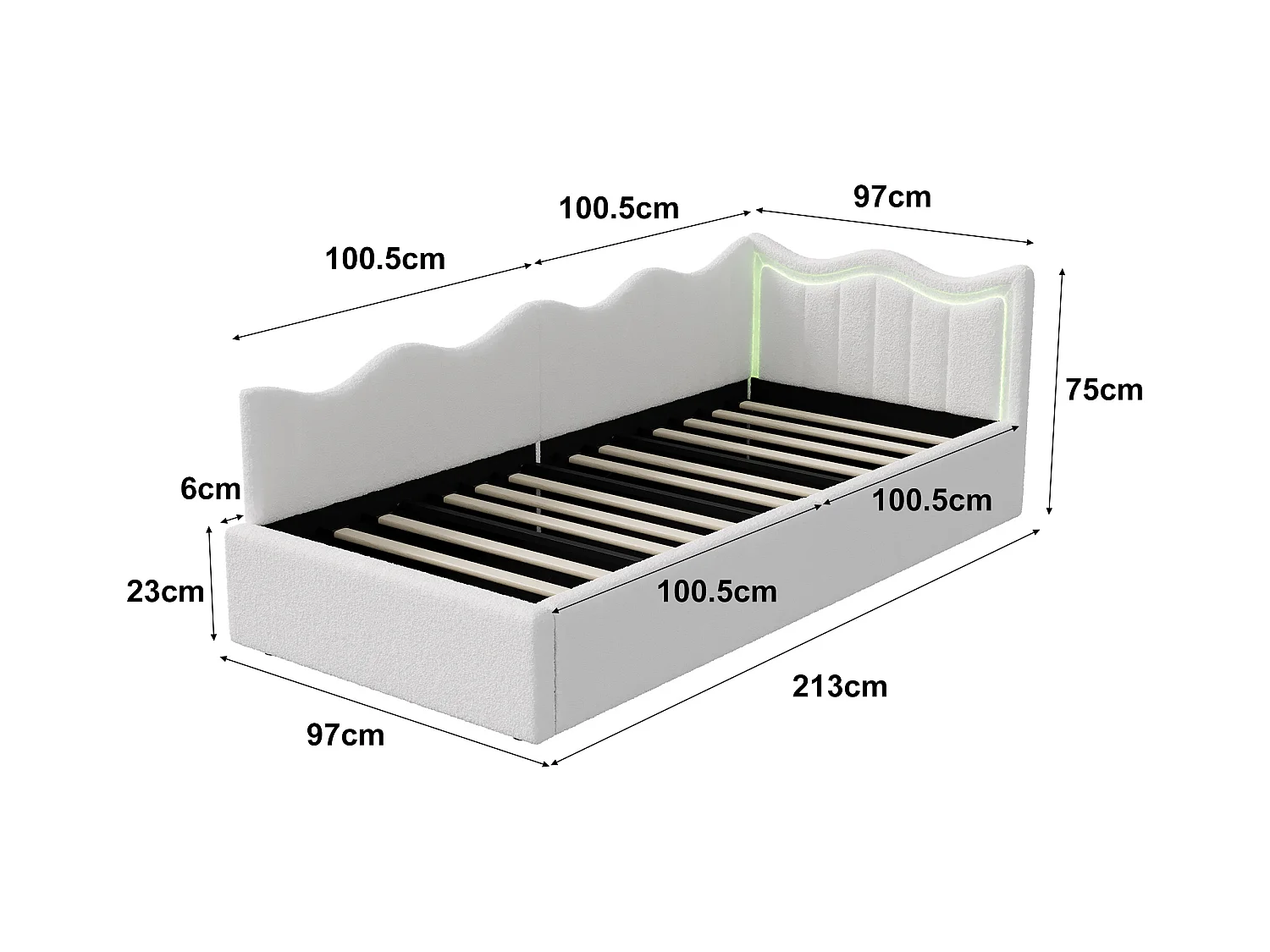 Sofá-cama infantil com caixa de arrumação e LEDs multicoloridos - 90x200 cm - Branco em tecido felpudo