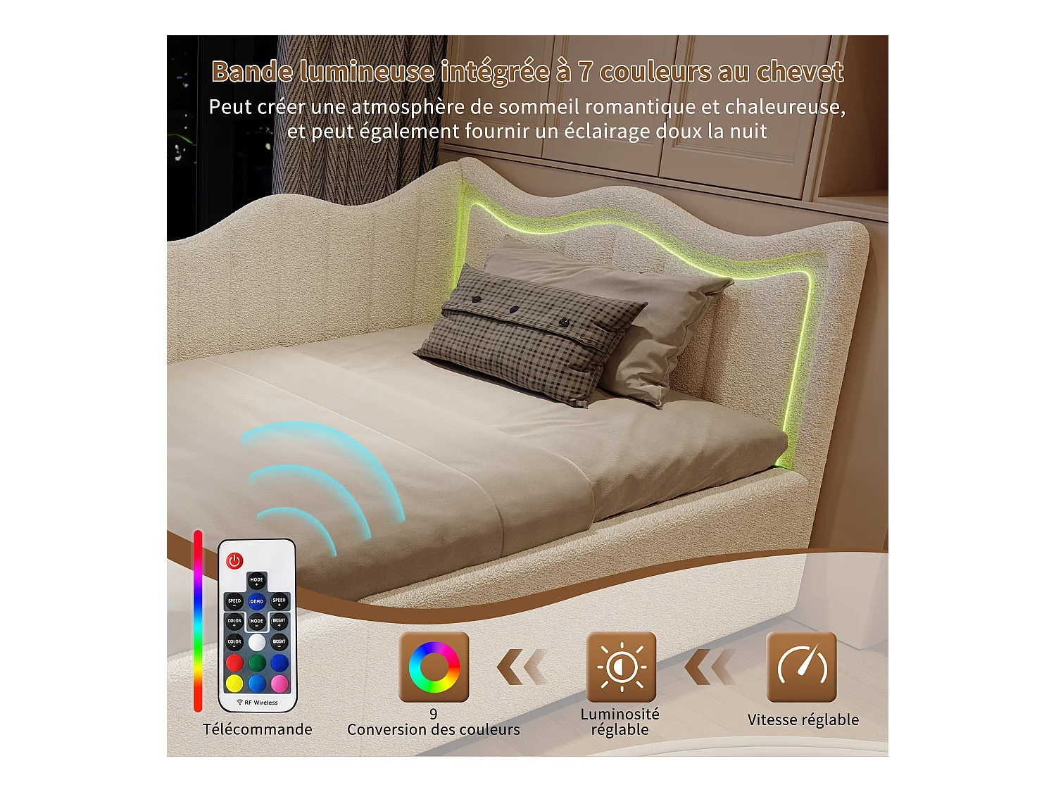 Sofá-cama infantil com caixa de arrumação e LEDs multicoloridos - 90x200 cm - Branco em tecido felpudo