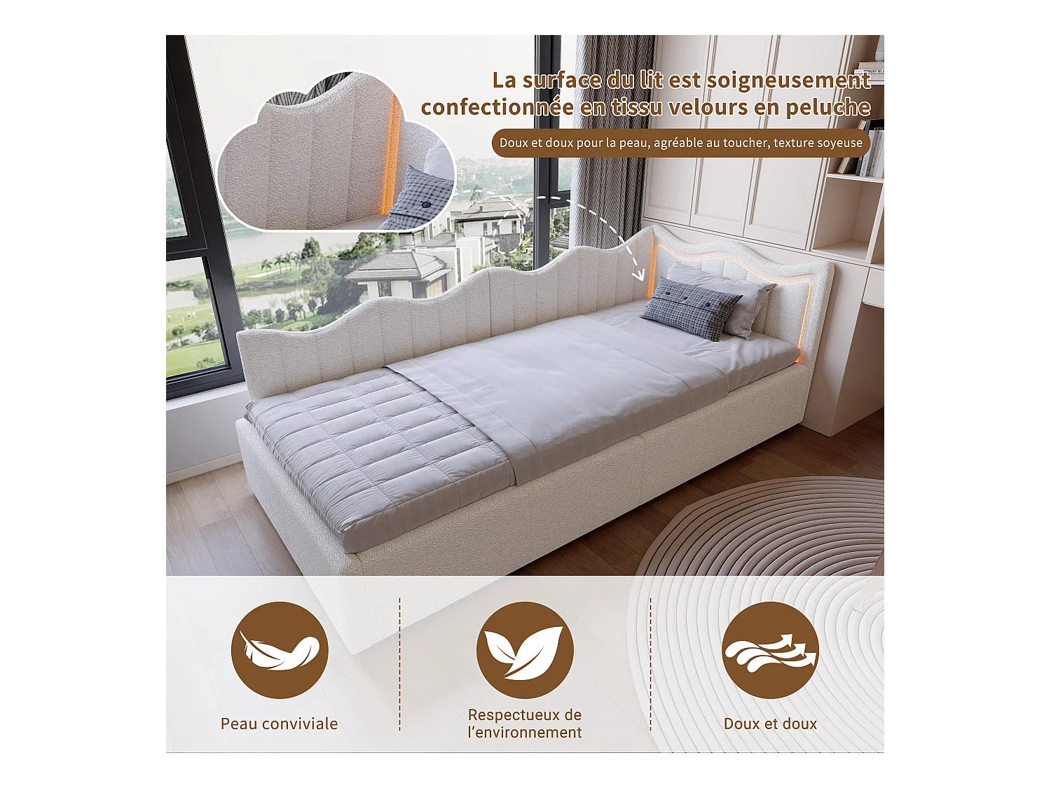 Sofá-cama infantil com caixa de arrumação e LEDs multicoloridos - 90x200 cm - Branco em tecido felpudo