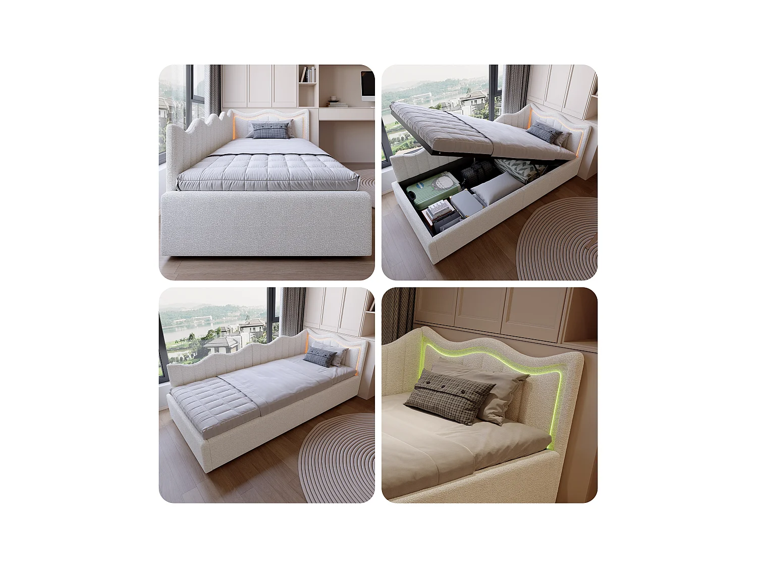 Sofá-cama infantil com caixa de arrumação e LEDs multicoloridos - 90x200 cm - Branco em tecido felpudo