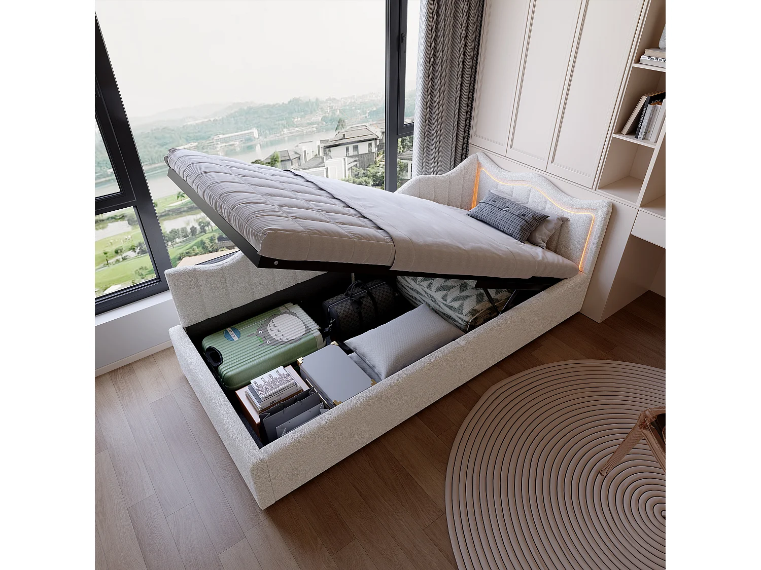 Kinderschlafsofa mit Aufbewahrungsbox und bunten LEDs - 90x200 cm - Weiß in Plüschstoff