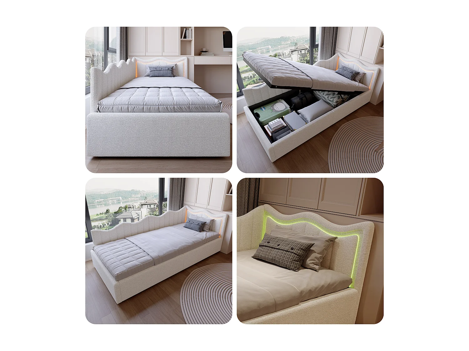 Kinderschlafsofa mit Aufbewahrungsbox und bunten LEDs - 90x200 cm - Weiß in Plüschstoff