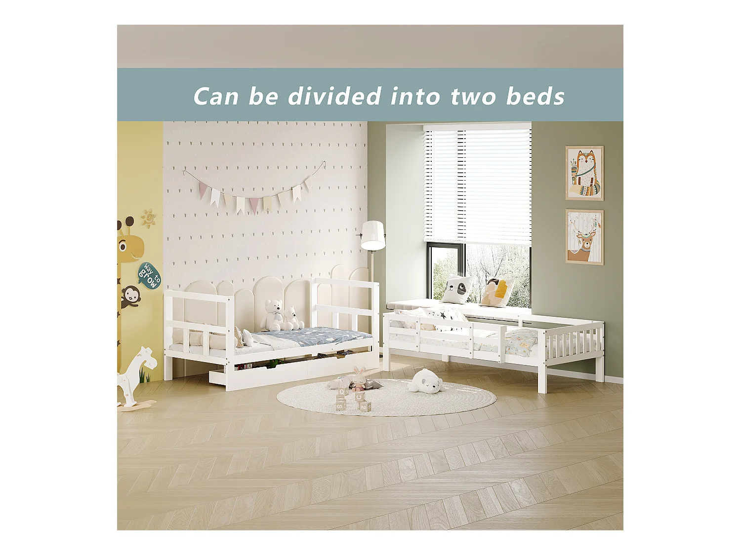 Lit superposé enfant en bois massif 90x200 cm avec tiroirs de rangement – Séparable en 2 lits simples