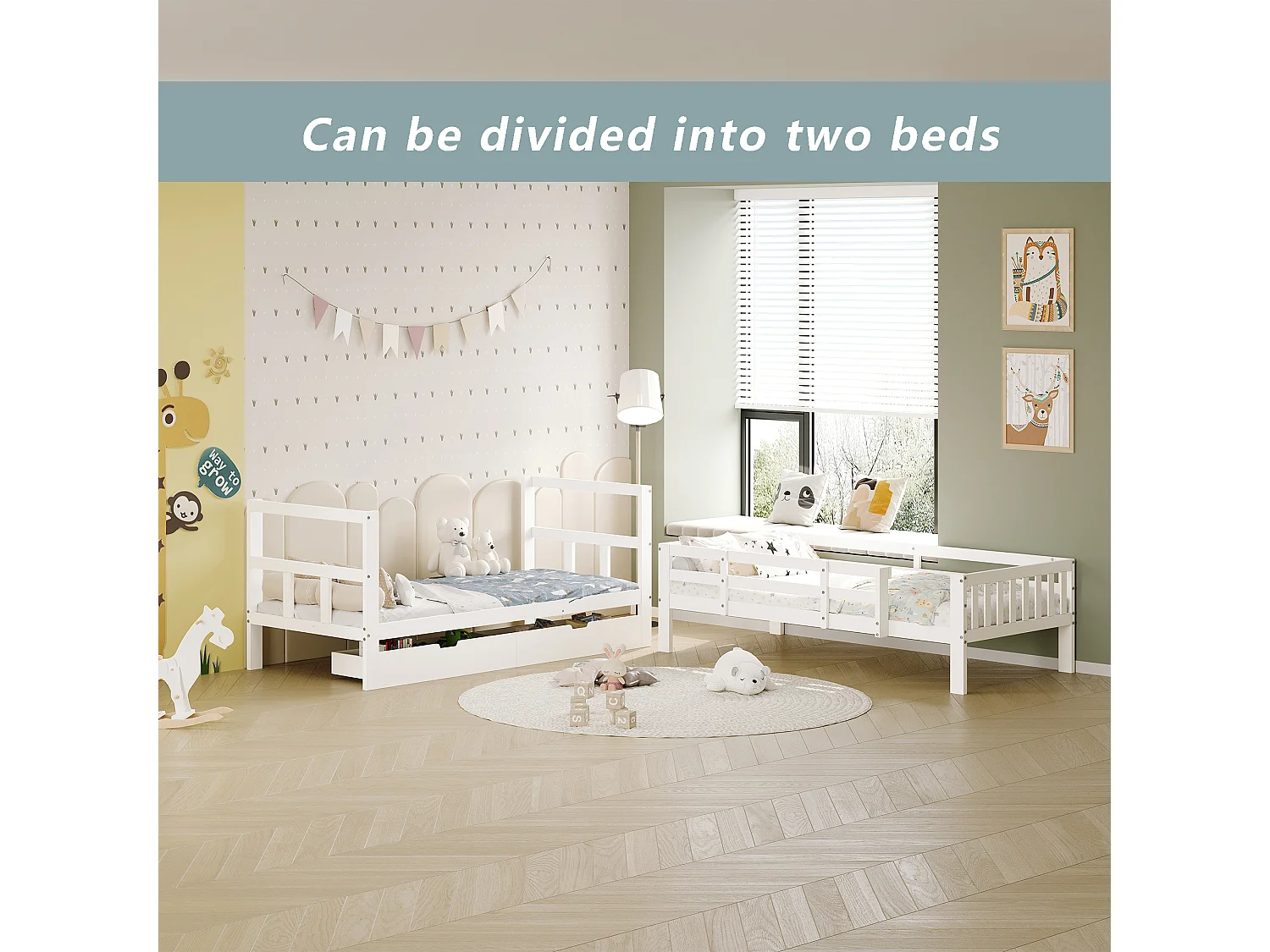 Litera infantil de madera maciza de 90x200 cm con cajones - Separable en 2 camas individuales