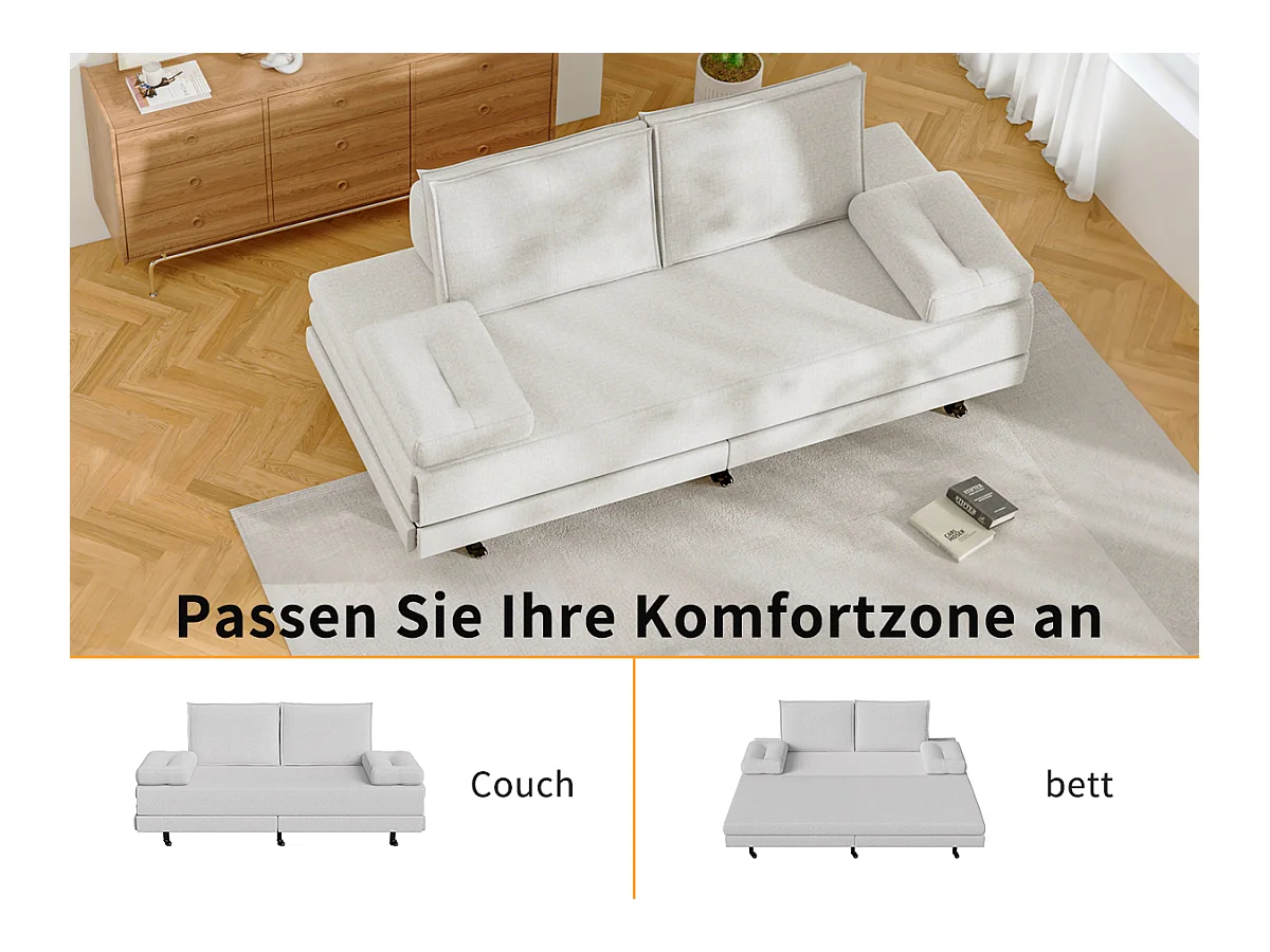 Canapé-lit extensible en tissu blanc 90x200 cm, convertible en lit 180x200 cm, design moderne et gain de place