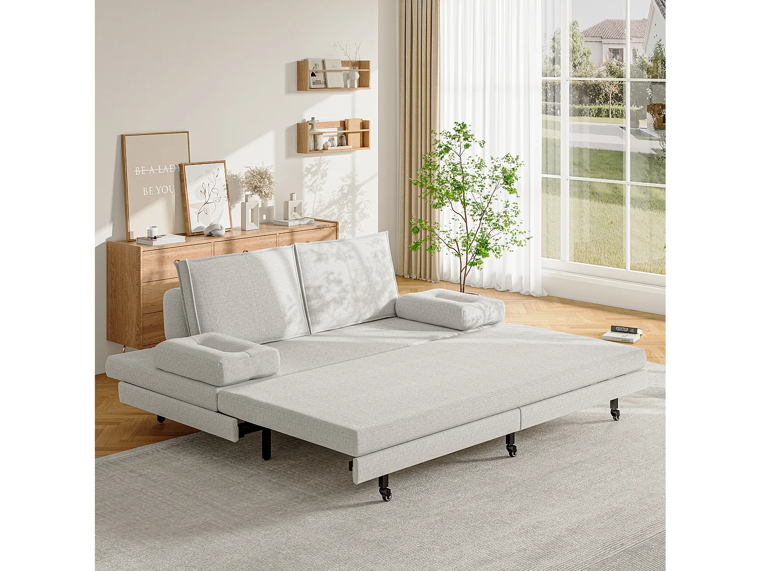 Ausziehbares Schlafsofa aus weißem Stoff 90x200 cm, umwandelbar in ein Bett 180x200 cm, modernes Design und platzsparend