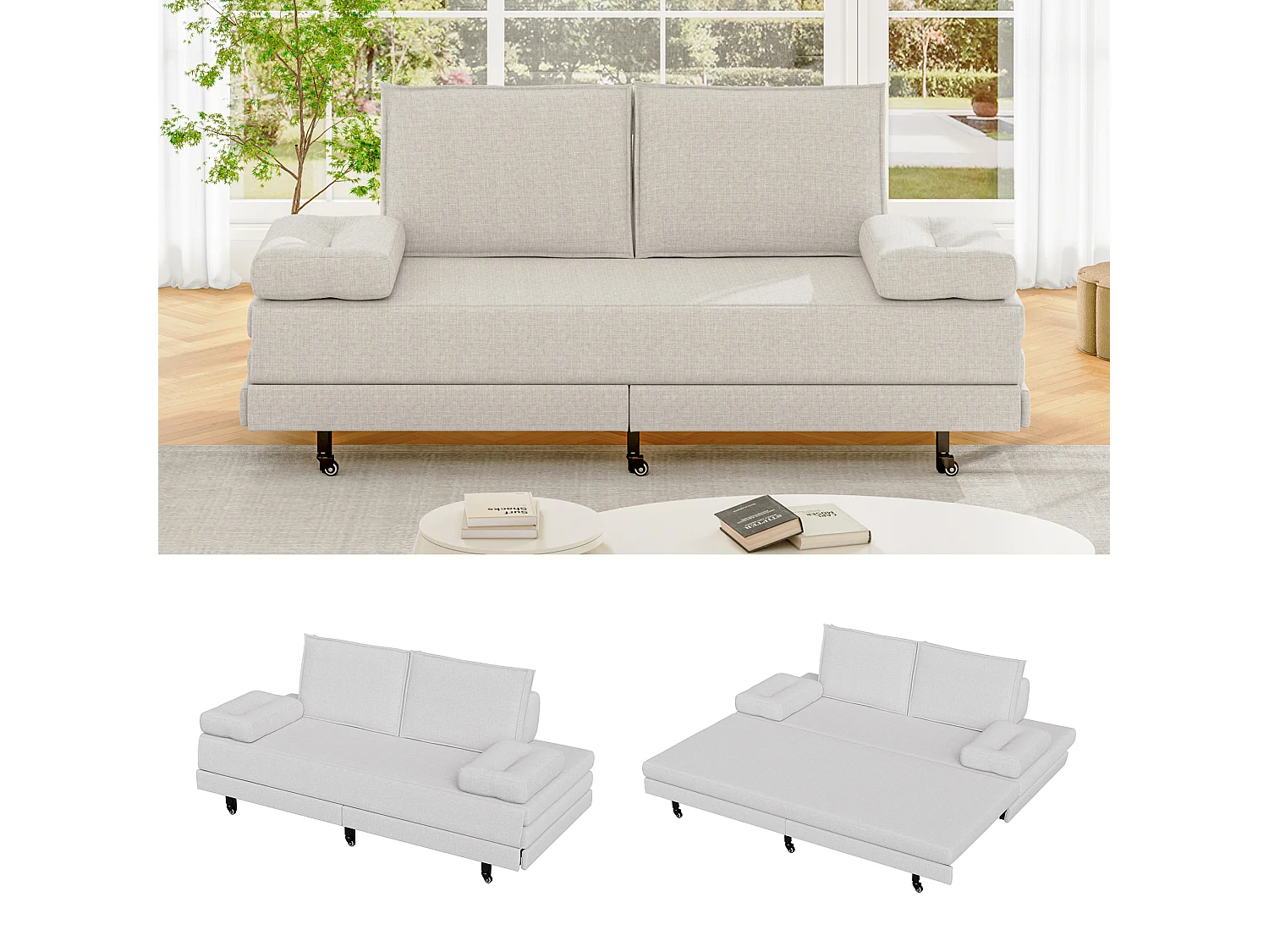 Ausziehbares Schlafsofa aus weißem Stoff 90x200 cm, umwandelbar in ein Bett 180x200 cm, modernes Design und platzsparend