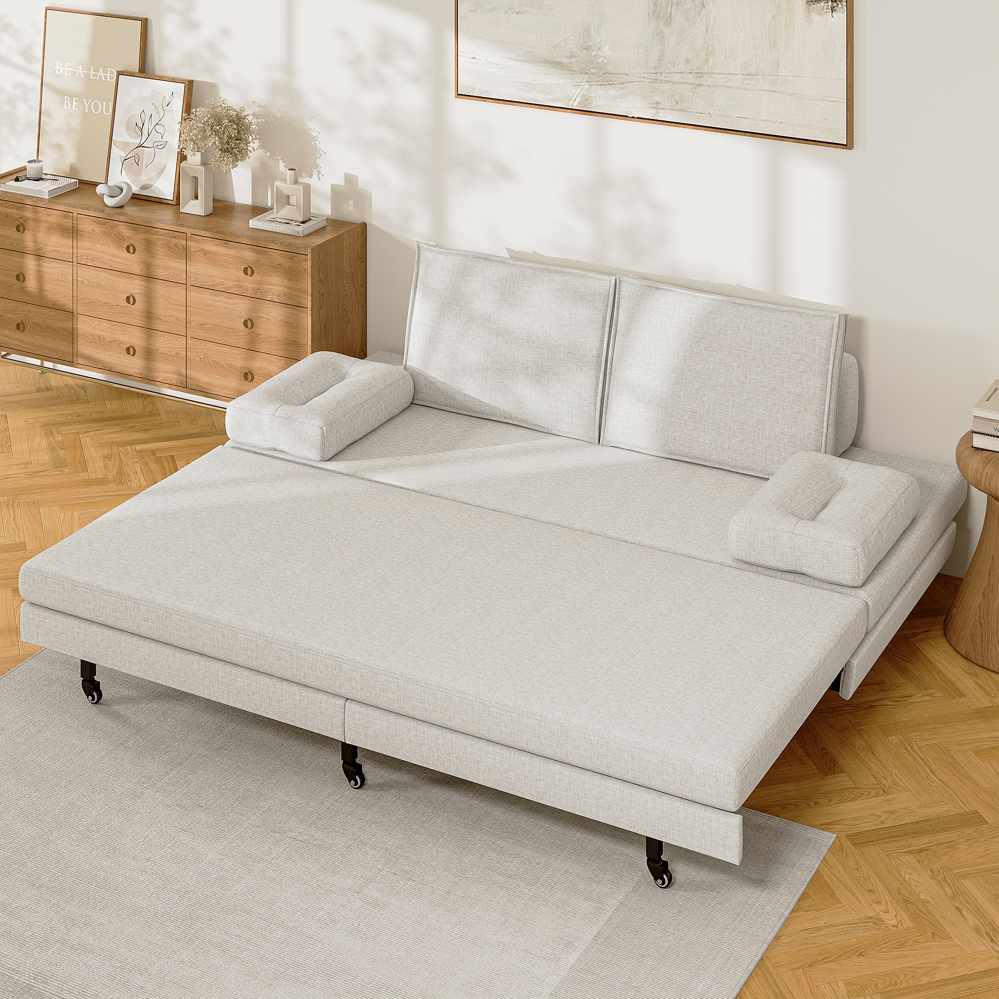 Uitschuifbare Slaapbank In Witte Stof 90x200 Cm Omvormbaar Tot Bed 