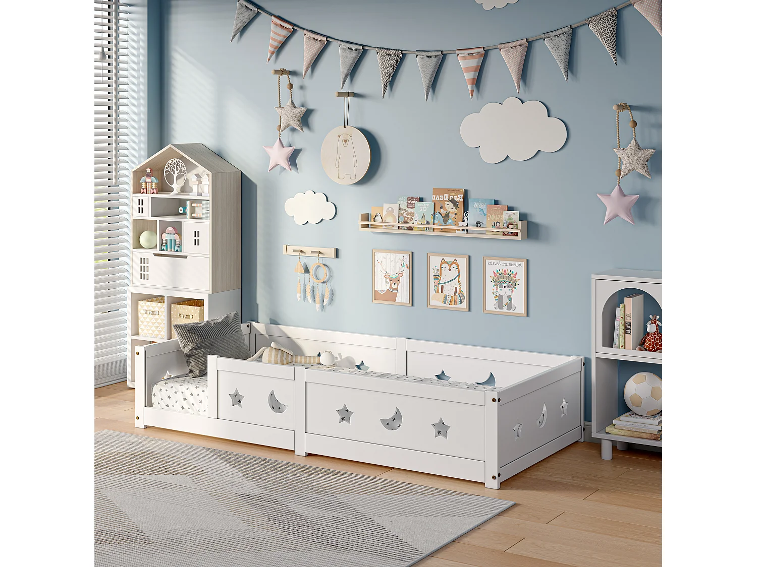 Lit enfant Montessori 90x200 cm en bois massif de pin avec barrière de sécurité et motifs lune et étoiles – Blanc