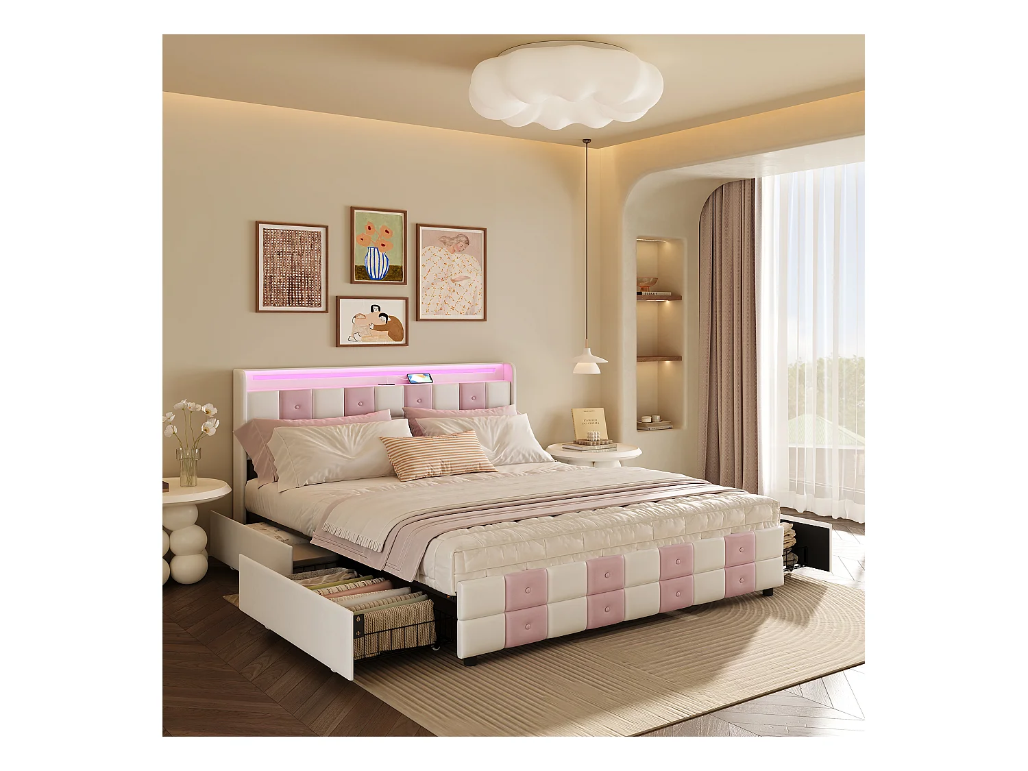 Lit coffre avec LED RGB, tête de lit avec ports USB et 4 tiroirs de rangement – Velours doux – 140x190 cm – Design moderne