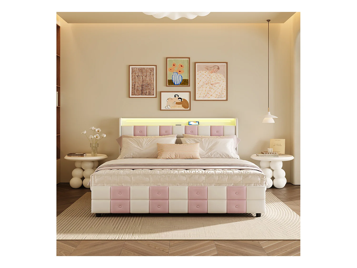 Lit coffre avec LED RGB, tête de lit avec ports USB et 4 tiroirs de rangement – Velours doux – 140x190 cm – Design moderne