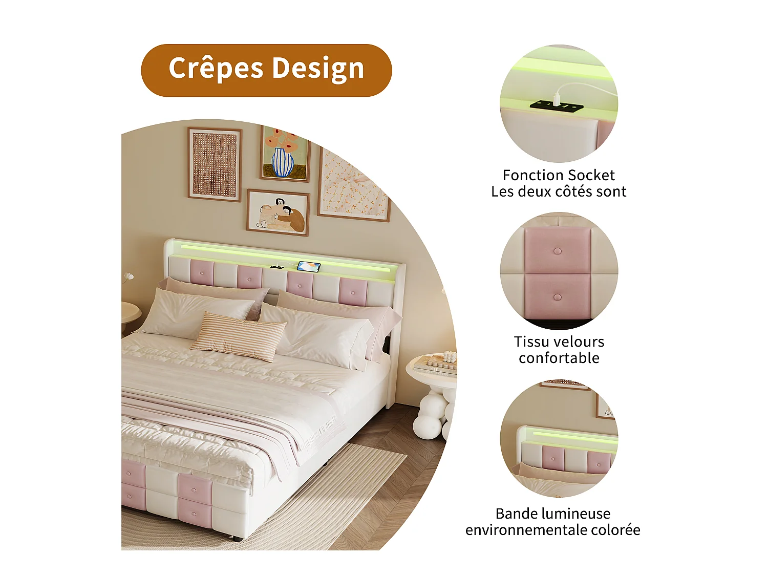 Lit coffre avec LED RGB, tête de lit avec ports USB et 4 tiroirs de rangement – Velours doux – 140x190 cm – Design moderne