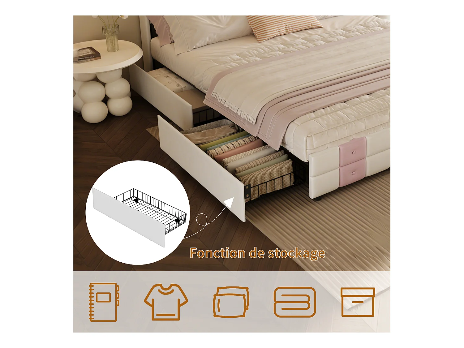 Lit coffre avec LED RGB, tête de lit avec ports USB et 4 tiroirs de rangement – Velours doux – 140x190 cm – Design moderne