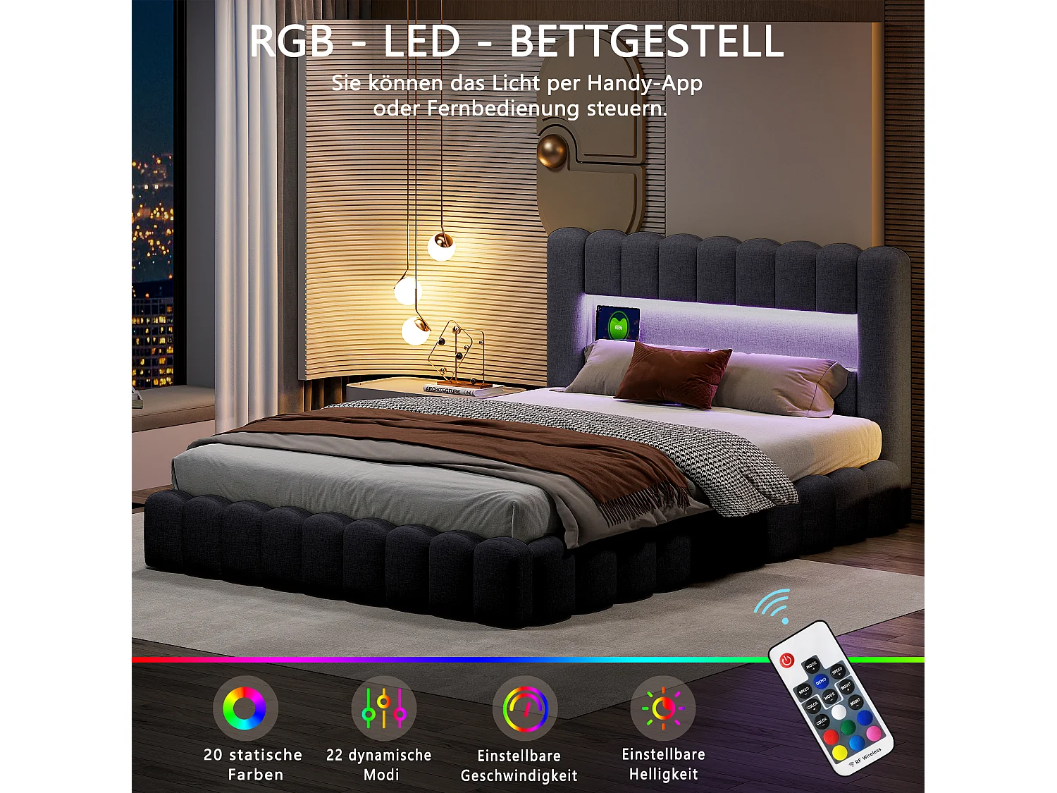 Designer seng med opbevaring i antracitgråt stof, træstamme-stil, med hydrauliske løfteanordninger, RGB LED-hovedgærde og USB/Type-C-porte – 180x200 cm