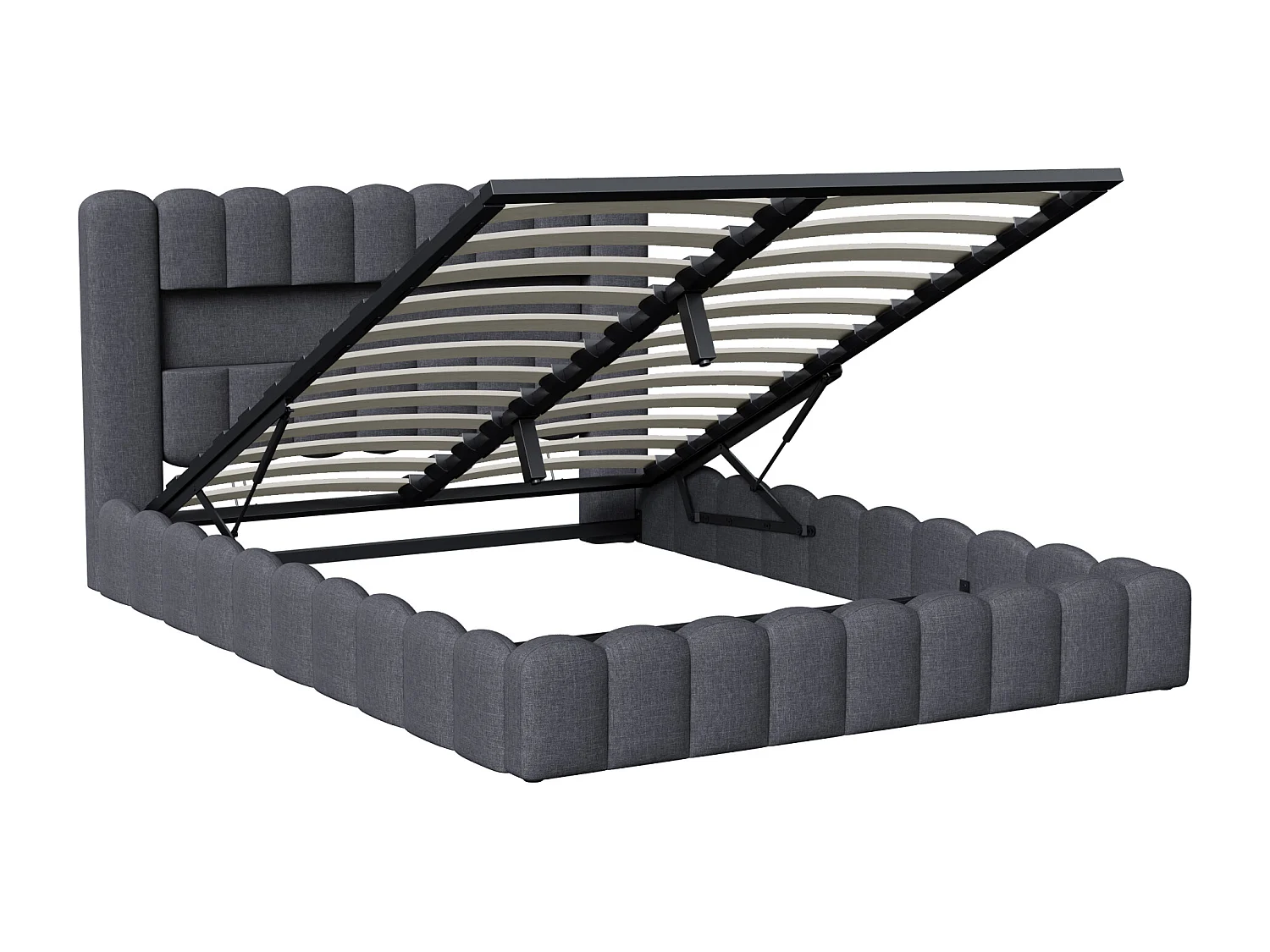 Designer seng med opbevaring i antracitgråt stof, træstamme-stil, med hydrauliske løfteanordninger, RGB LED-hovedgærde og USB/Type-C-porte – 180x200 cm