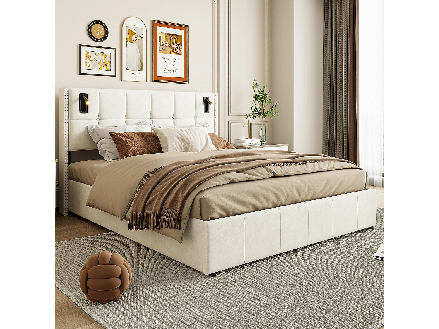 Lit coffre 160x200 cm en velours Beige avec clous décoratifs et lampes de lecture LED – Tête de lit design et rangement intégré
