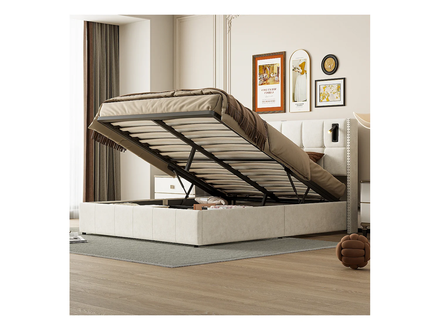 Lit coffre 160x200 cm en velours Beige avec clous décoratifs et lampes de lecture LED – Tête de lit design et rangement intégré