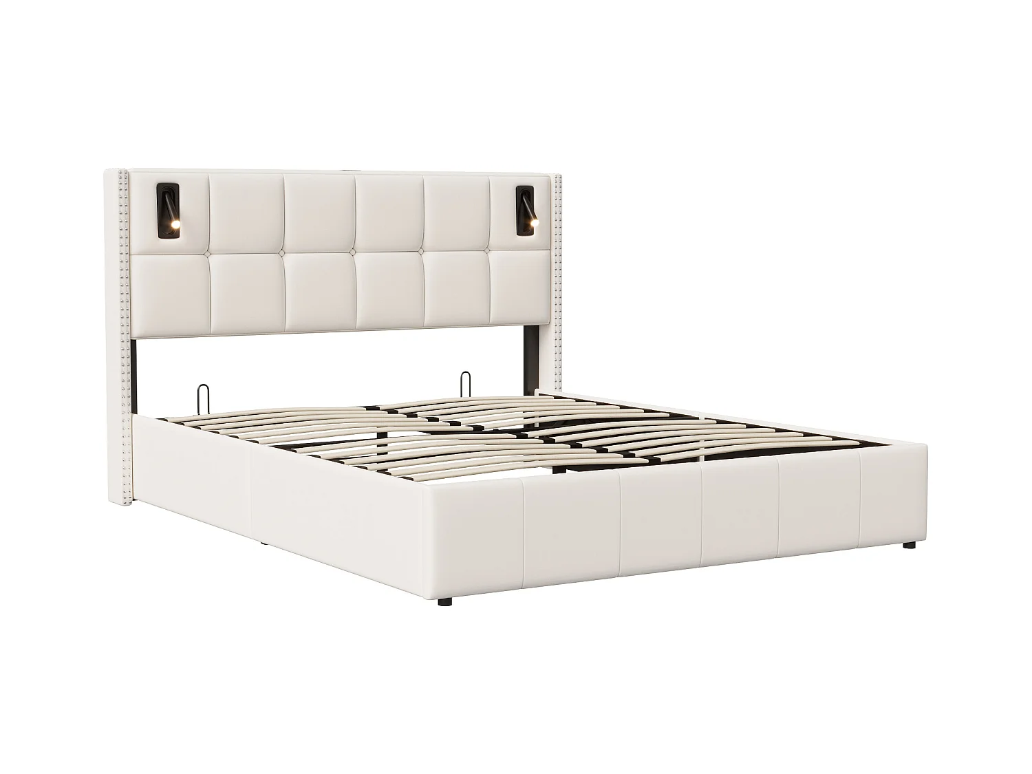 Lit coffre 160x200 cm en velours Beige avec clous décoratifs et lampes de lecture LED – Tête de lit design et rangement intégré