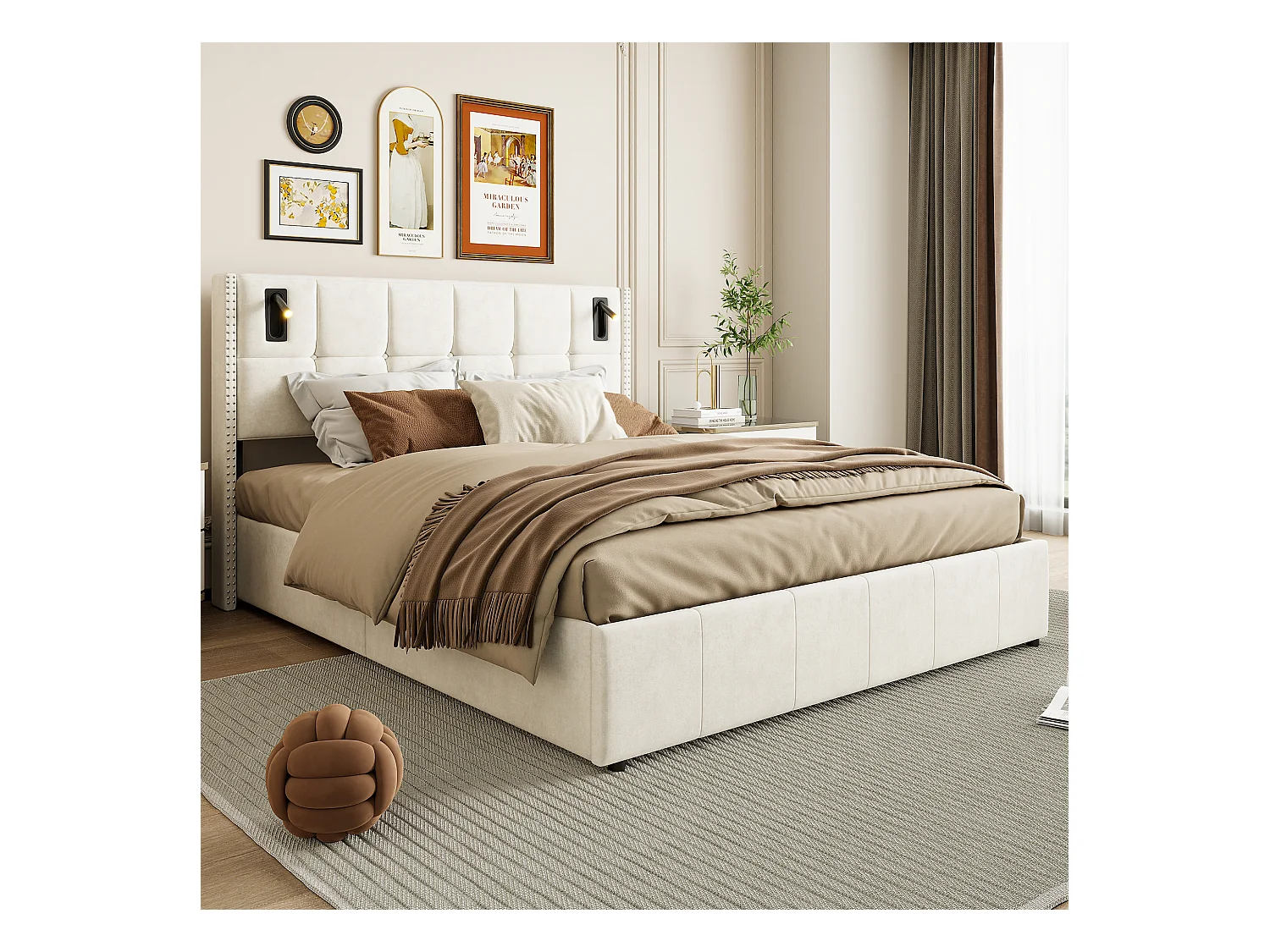 Lit coffre 160x200 cm en velours Beige avec clous décoratifs et lampes de lecture LED – Tête de lit design et rangement intégré