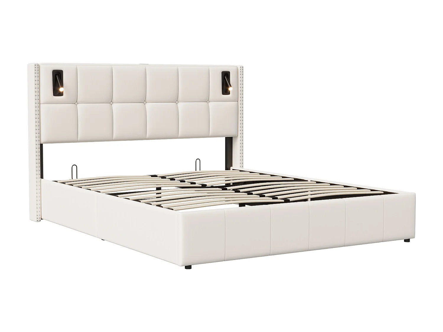 Opbergbed 160x200 cm in beige fluweel met decoratieve studs en LED-leeslampjes – Design hoofdbord en geïntegreerde opbergruimte