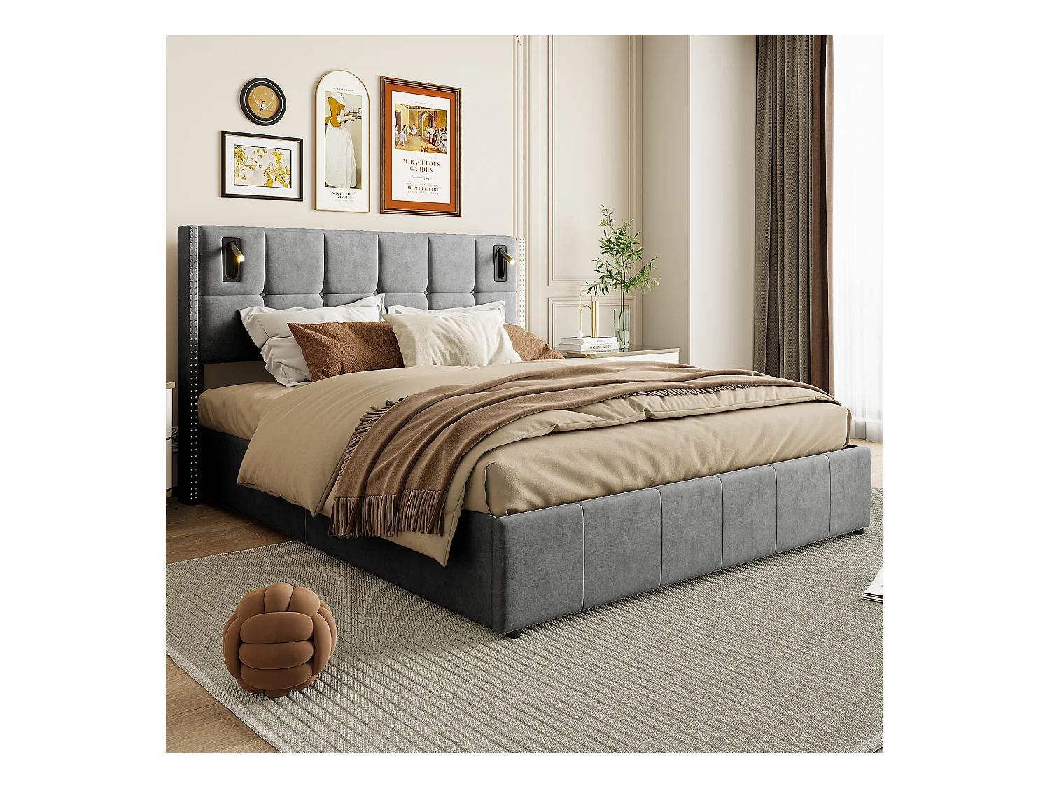 Lit coffre 140x200 cm en velours gris avec clous décoratifs et lampes de lecture LED – Tête de lit design et rangement intégré