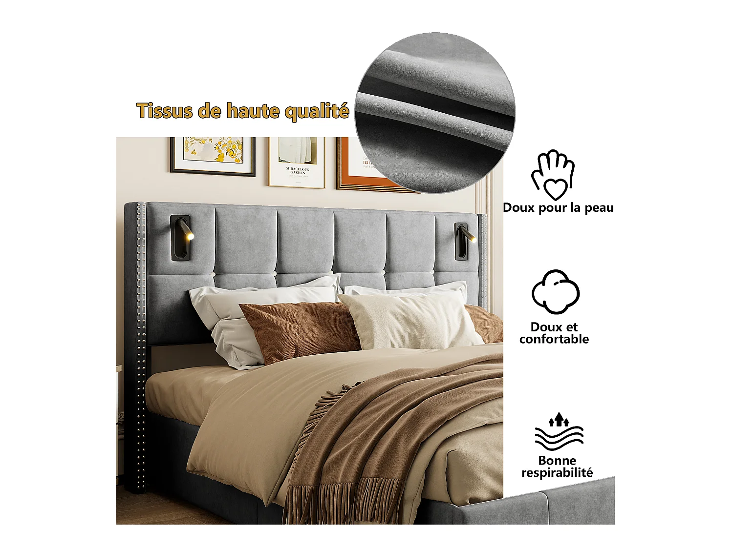 Lit coffre 140x200 cm en velours gris avec clous décoratifs et lampes de lecture LED – Tête de lit design et rangement intégré