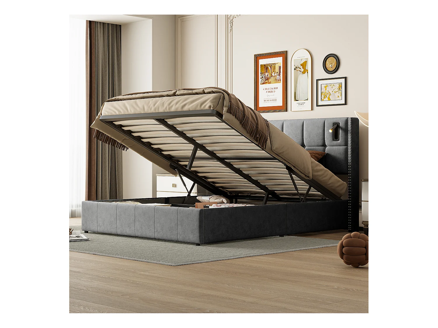 Opbergbed 140x200 cm in grijs fluweel met decoratieve studs en LED-leeslampjes – Design hoofdbord en geïntegreerde opbergruimte