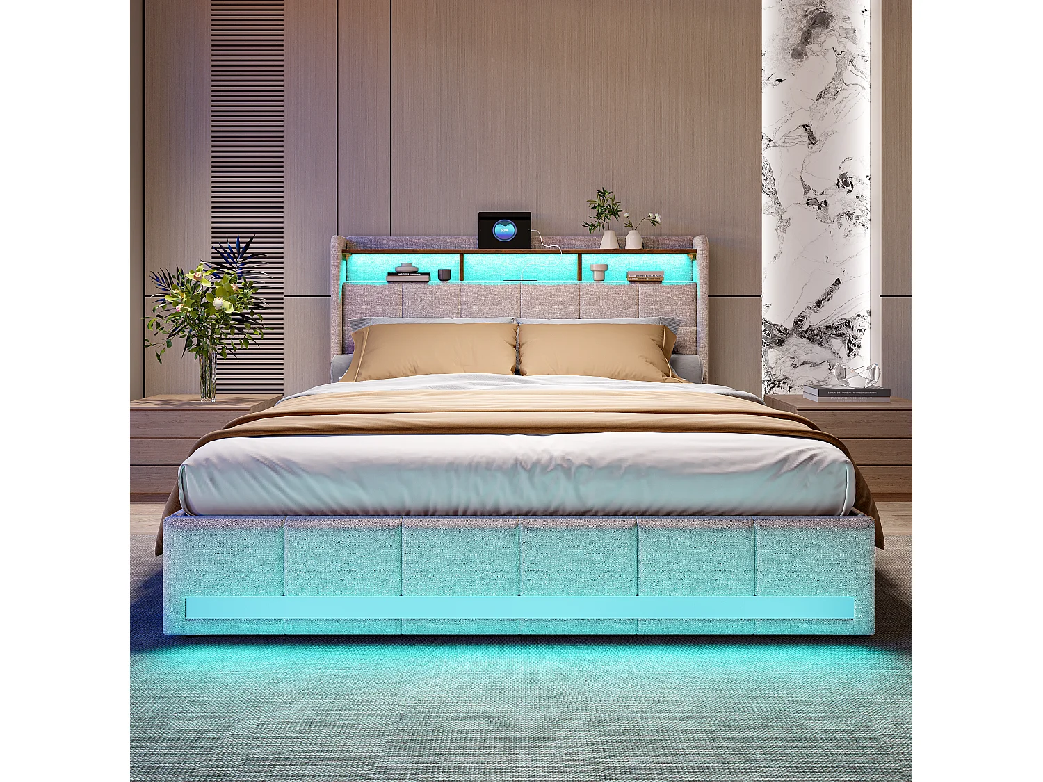 Dobbeltseng med RGB LED-belysning, hovedgærde med opbevaring og USB/Type-C-porte, 4 opbevaringsskuffer, beige hørstof – 180x200 cm