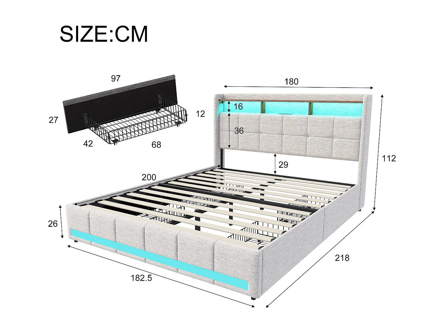 Dobbeltseng med RGB LED-belysning, hovedgærde med opbevaring og USB/Type-C-porte, 4 opbevaringsskuffer, beige hørstof – 180x200 cm