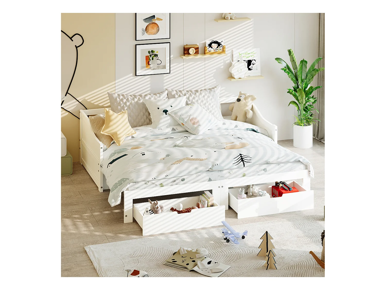 Uitschuifbaar massief houten slaapbank 90x200 cm met 2 opberglades – Omvormbaar tot tweepersoonsbed 180x200 cm