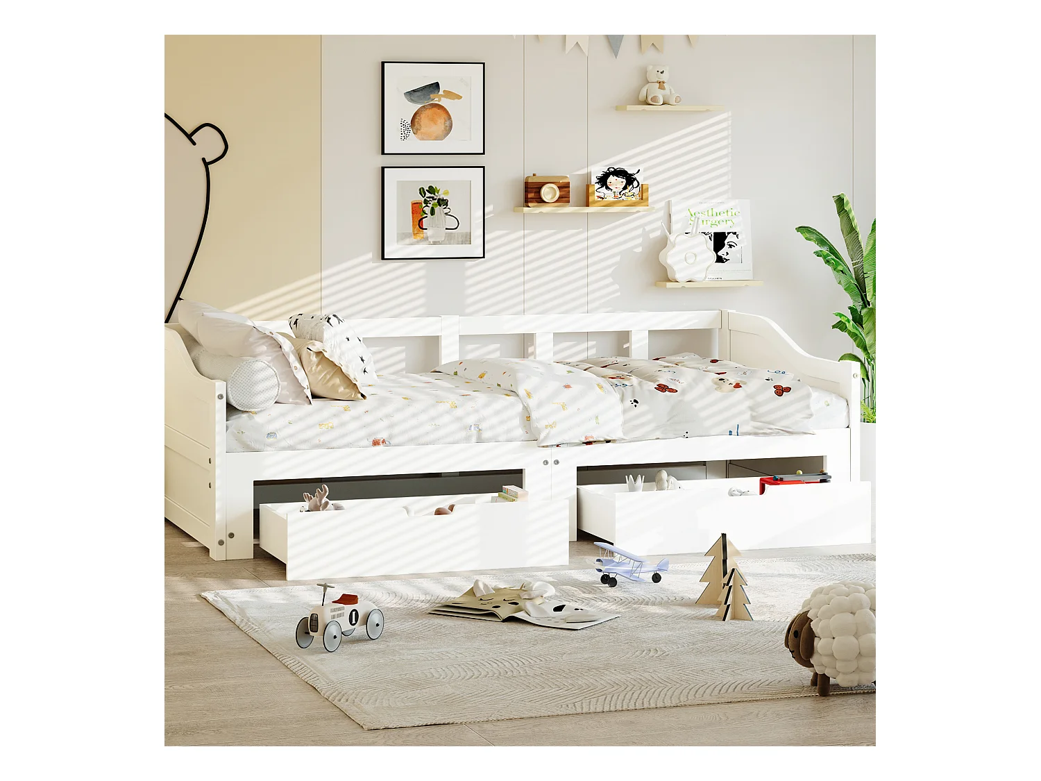 Uitschuifbaar massief houten slaapbank 90x200 cm met 2 opberglades – Omvormbaar tot tweepersoonsbed 180x200 cm