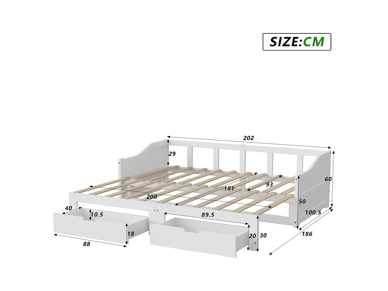 Uitschuifbaar massief houten slaapbank 90x200 cm met 2 opberglades – Omvormbaar tot tweepersoonsbed 180x200 cm