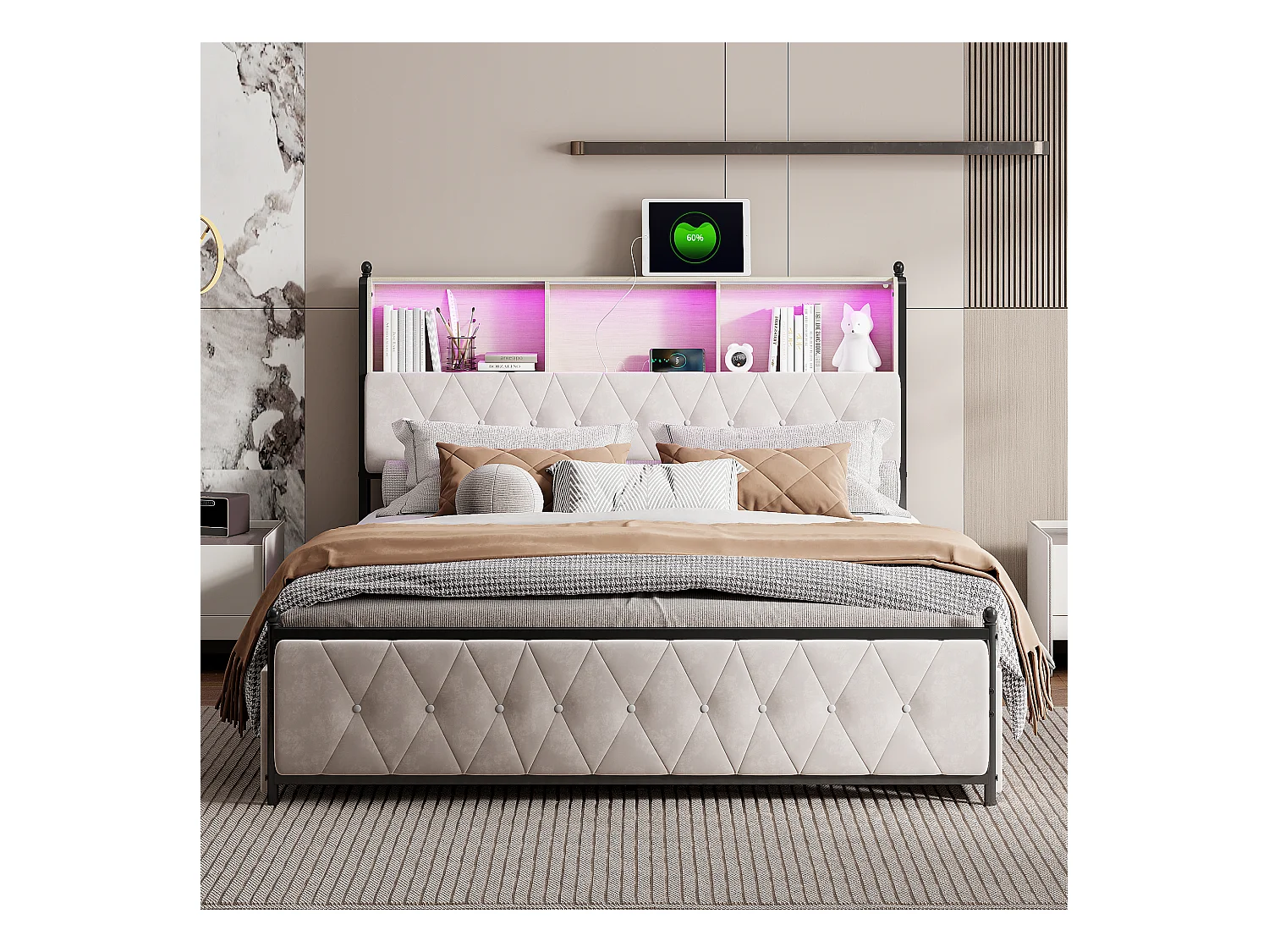 Lit coffre avec tiroirs en velours beige capitonné, tête de lit LED multicolore avec rangement et ports USB/Type-C – 140x200 cm