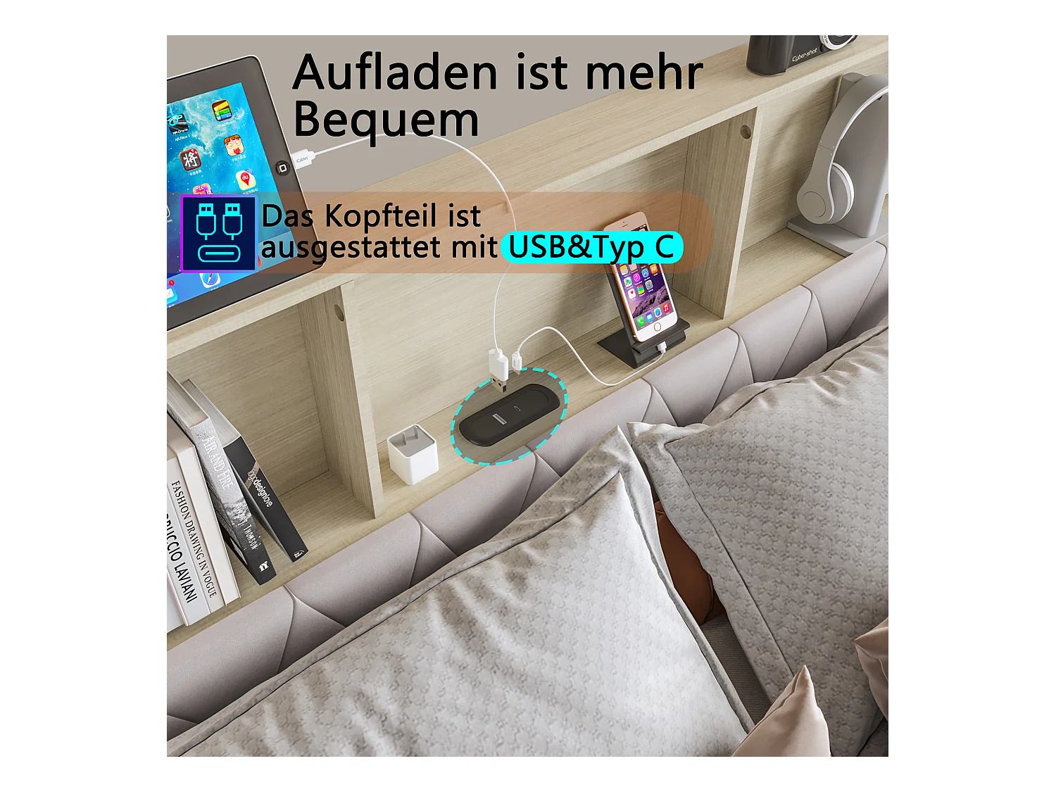 Lit coffre avec tiroirs en velours beige capitonné, tête de lit LED multicolore avec rangement et ports USB/Type-C – 140x200 cm