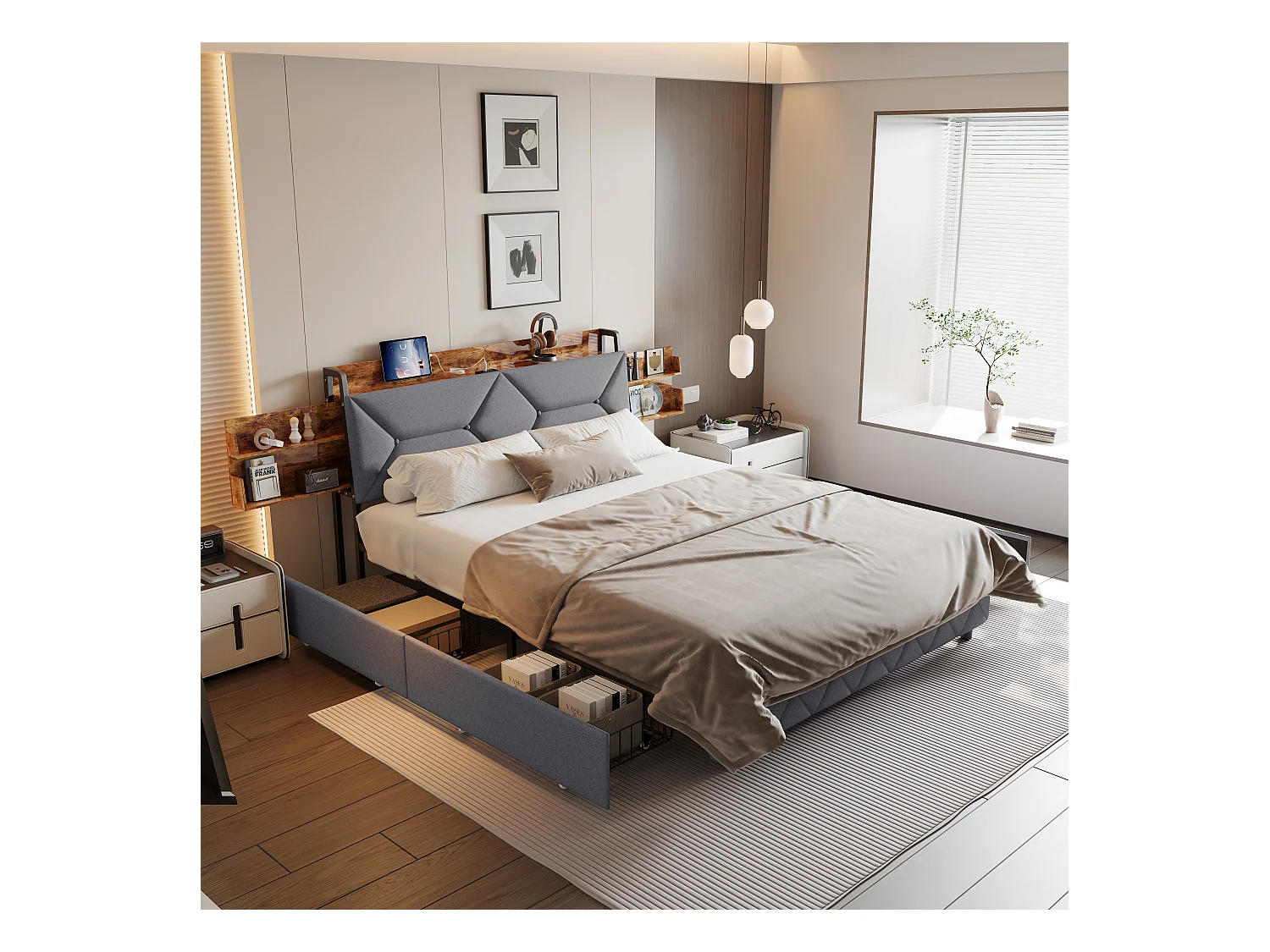 Lit double en bois et métal avec tête de lit ergonomique inclinée à 95°, rangements intégrés, ports USB/Type-C et 4 grands tiroirs – 160x200 cm