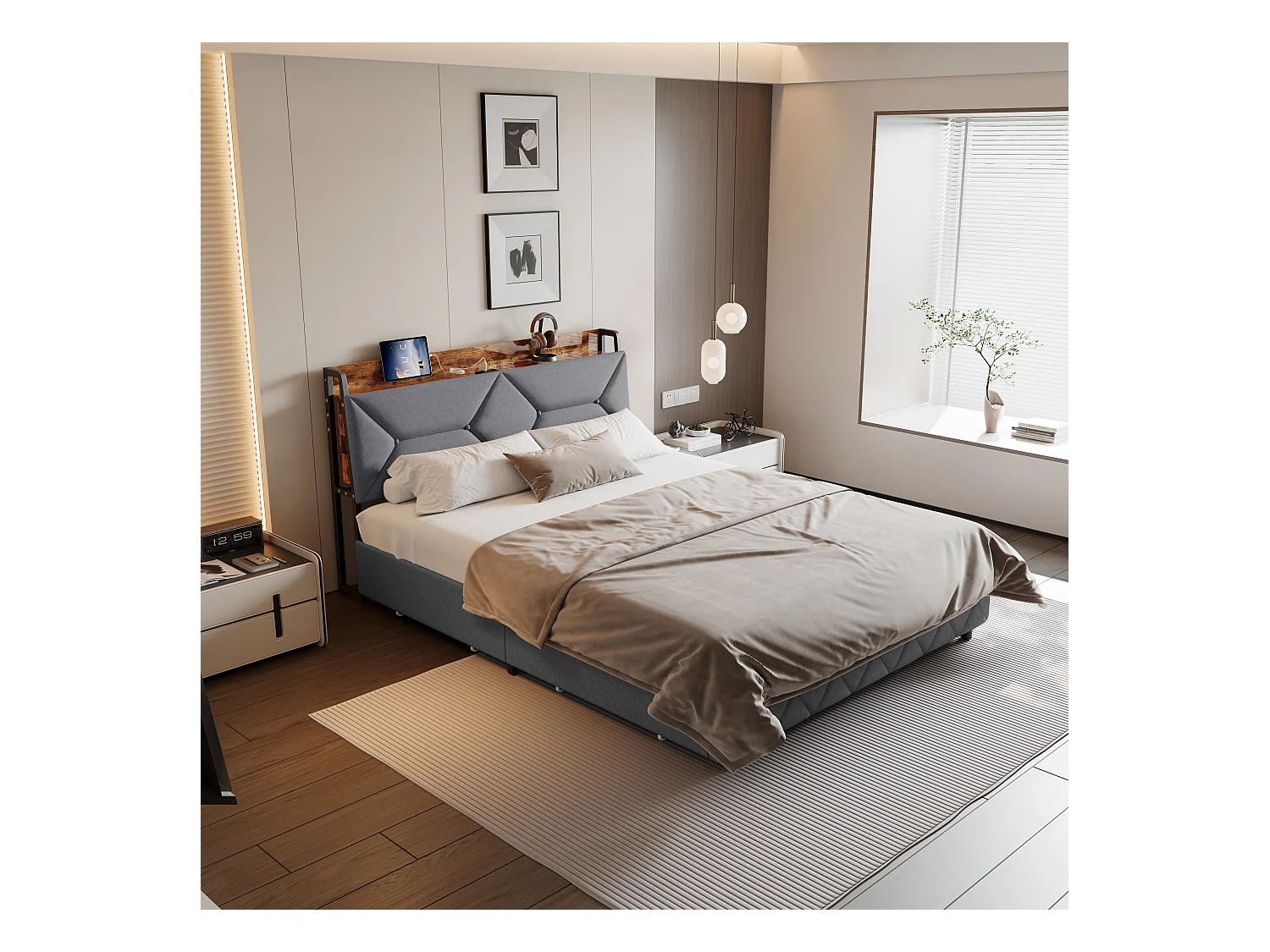 Lit double en bois et métal avec tête de lit ergonomique inclinée à 95°, rangements intégrés, ports USB/Type-C et 4 grands tiroirs – 160x200 cm