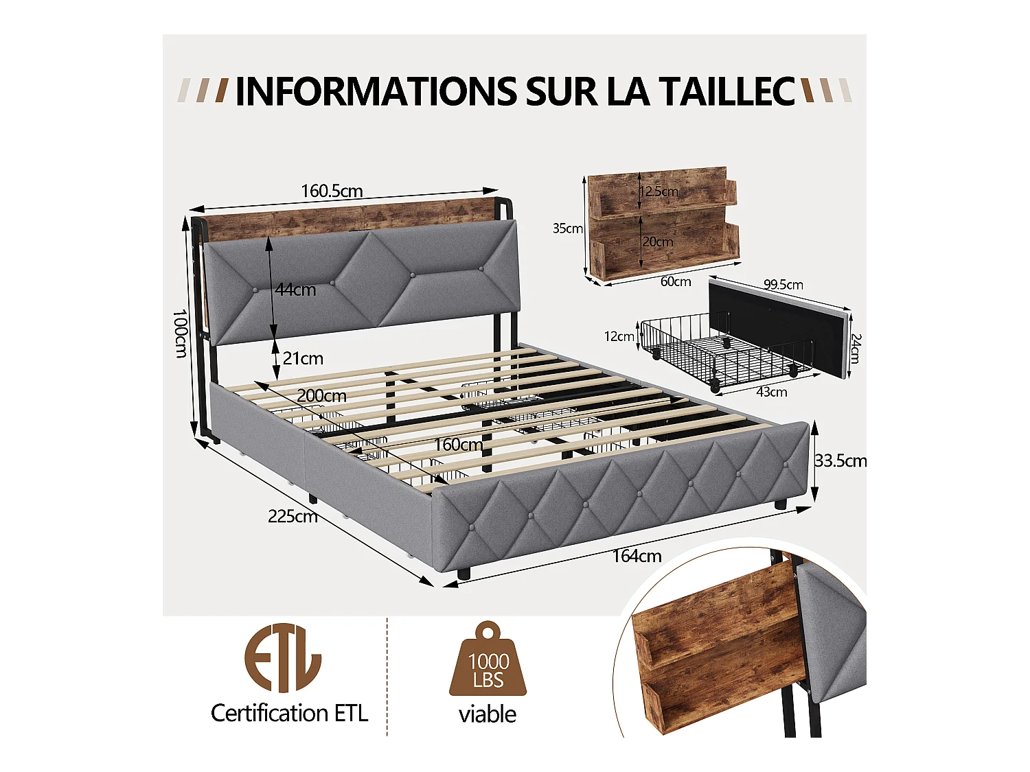 Lit double en bois et métal avec tête de lit ergonomique inclinée à 95°, rangements intégrés, ports USB/Type-C et 4 grands tiroirs – 160x200 cm