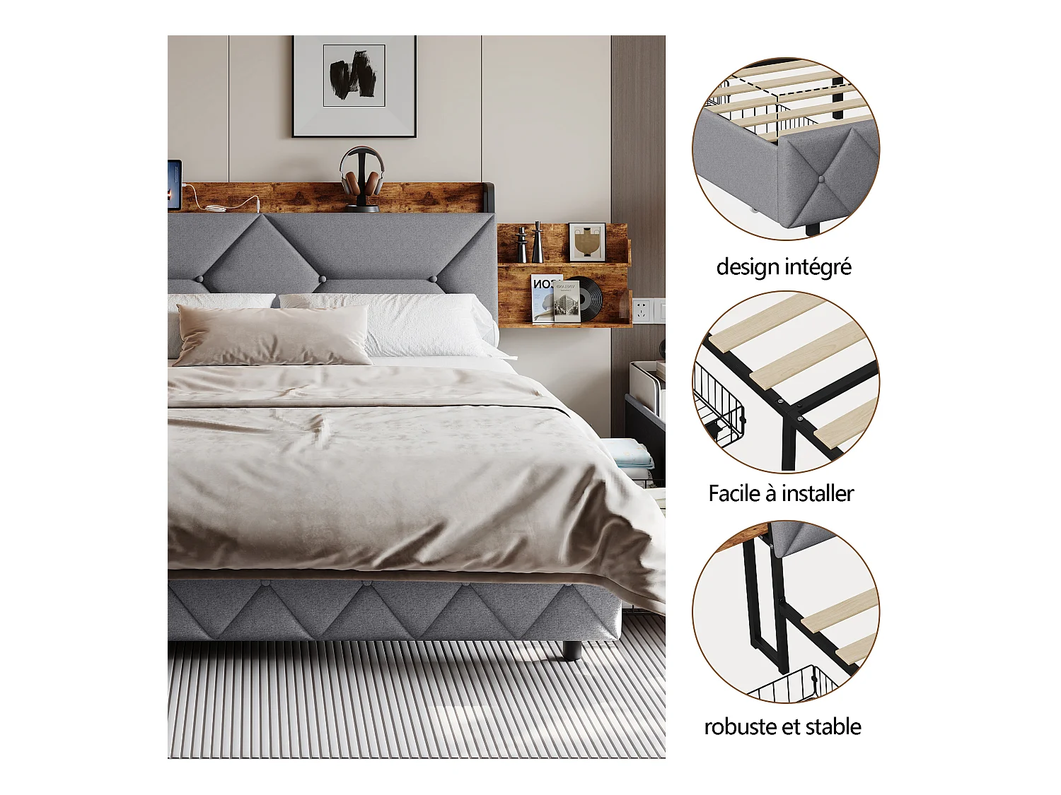 Lit double en bois et métal avec tête de lit ergonomique inclinée à 95°, rangements intégrés, ports USB/Type-C et 4 grands tiroirs – 160x200 cm