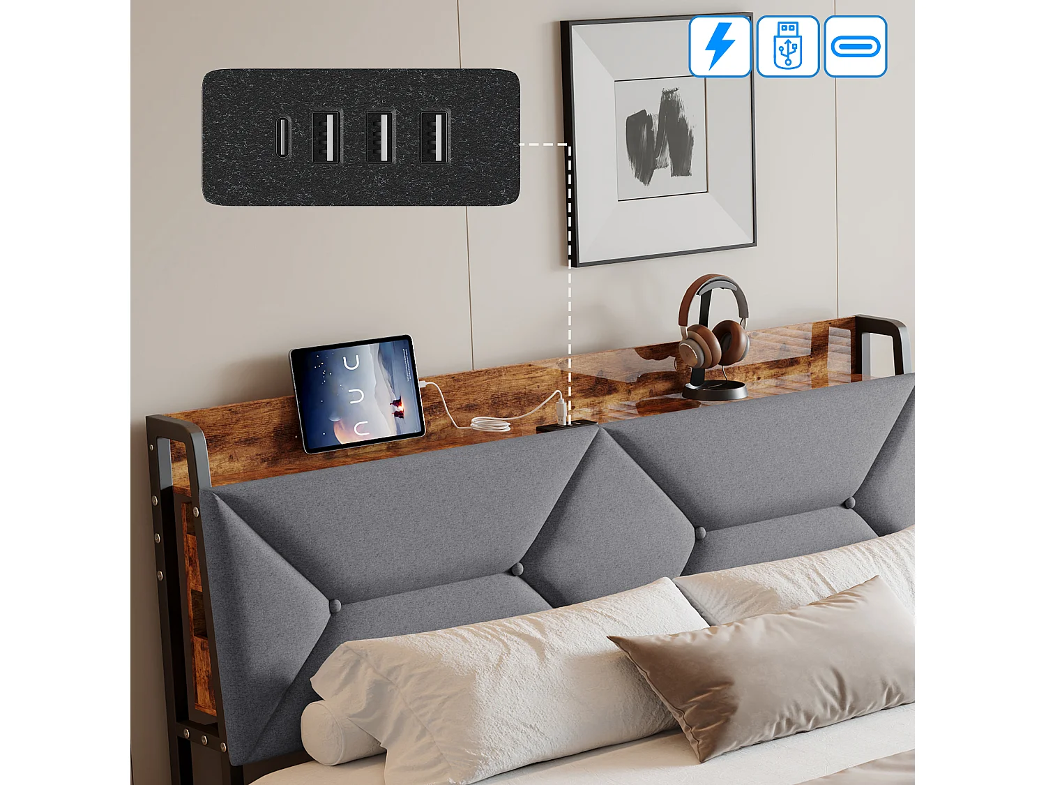 Lit double en bois et métal avec tête de lit ergonomique inclinée à 95°, rangements intégrés, ports USB/Type-C et 4 grands tiroirs – 160x200 cm