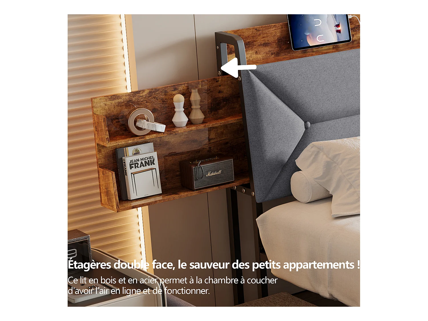Lit double en bois et métal avec tête de lit ergonomique inclinée à 95°, rangements intégrés, ports USB/Type-C et 4 grands tiroirs – 140x200 cm