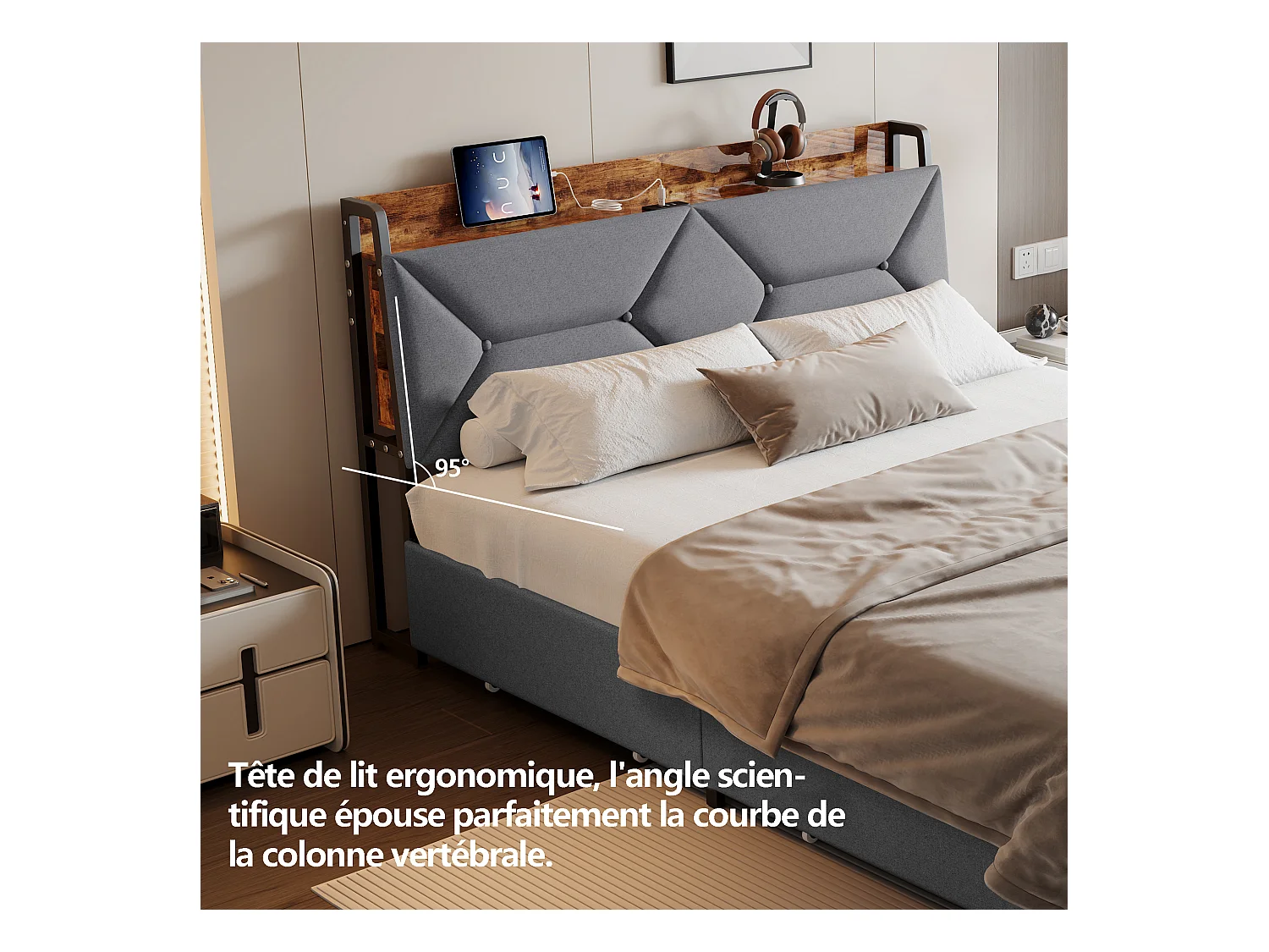 Lit double en bois et métal avec tête de lit ergonomique inclinée à 95°, rangements intégrés, ports USB/Type-C et 4 grands tiroirs – 140x200 cm
