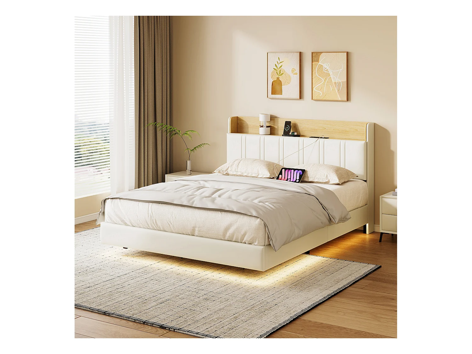 Letto matrimoniale sospeso di design con contenitore, LED multicolore e porte USB – 160x200 cm – Ecopelle bianca e rovere chiaro