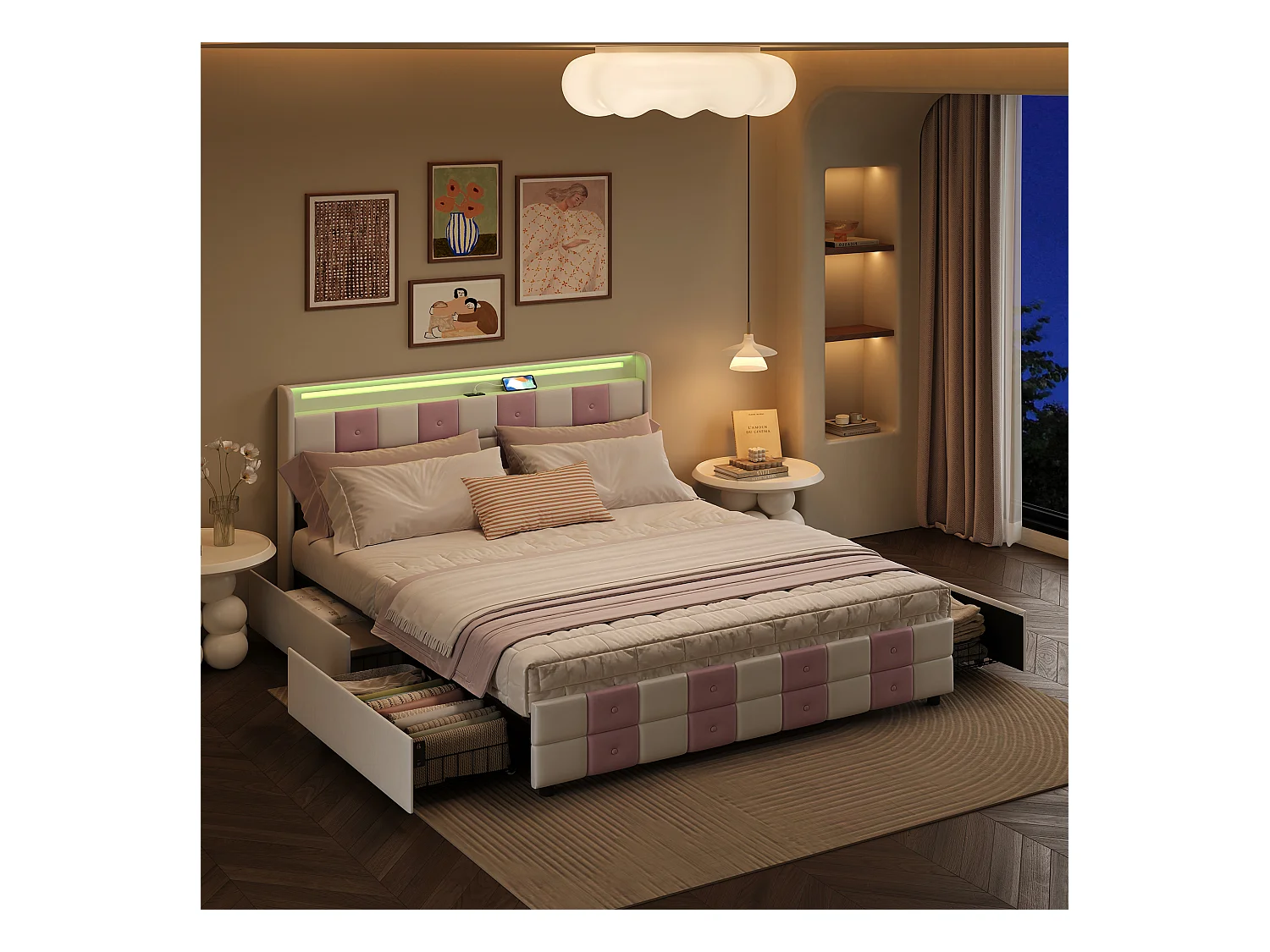 Lit coffre avec LED RGB, tête de lit avec ports USB et 4 tiroirs de rangement – Velours doux – 160x200 cm – Design moderne