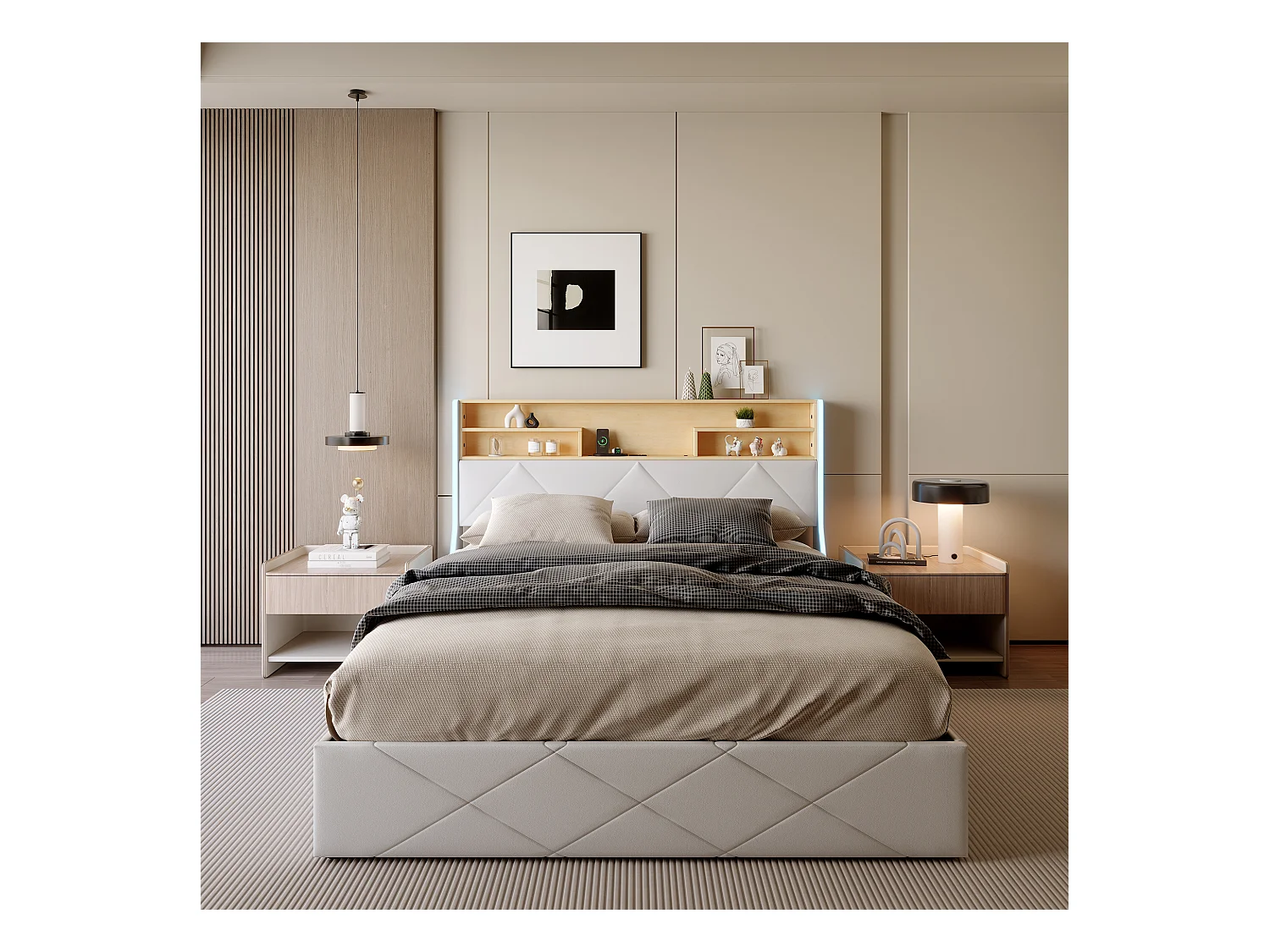 Lit coffre 140x200 cm avec tête de lit rangement, port USB/Type-C et éclairage LED RVB – PU blanc & chêne clair