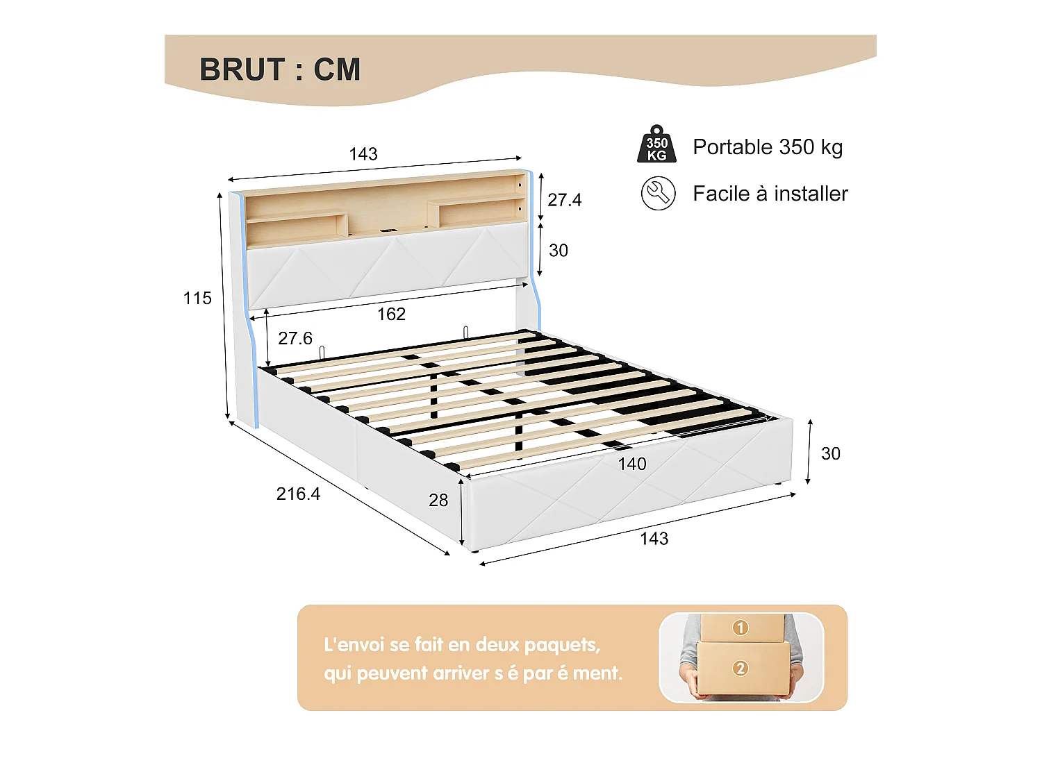 Lit coffre 140x200 cm avec tête de lit rangement, port USB/Type-C et éclairage LED RVB – PU blanc & chêne clair